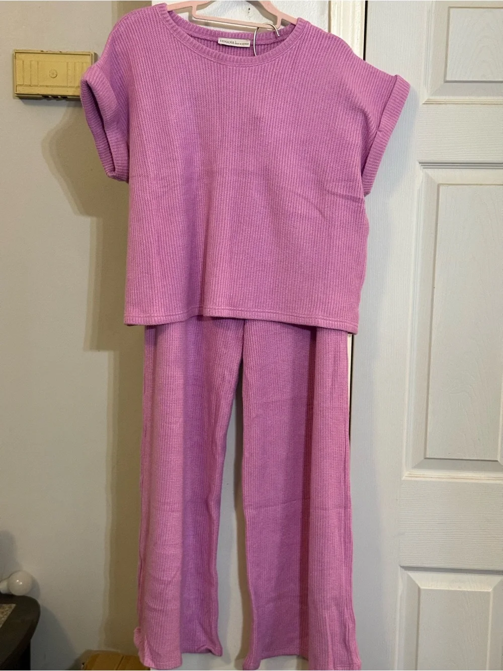 NEW Zenana Womens Two-Piece Dusty Rose Ribbed Pant Set Sz L